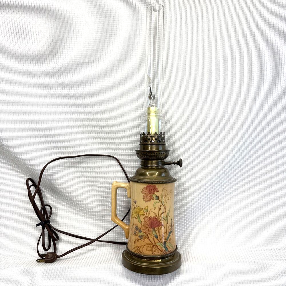 Vintage Brass Oil Lamp Converted to Electric with Chimney, 5 Flicker Flame Bulbs